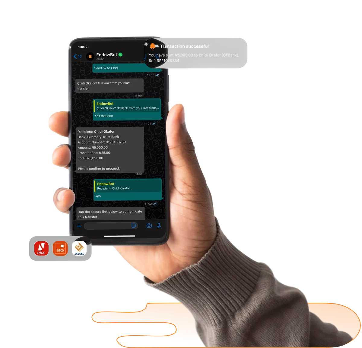 EndowBot WhatsApp chat on a phone